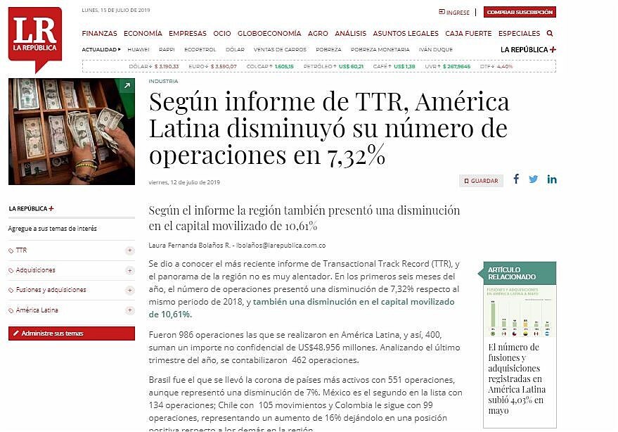 Segn informe de TTR, Amrica Latina disminuy su nmero de operaciones en 7,32%